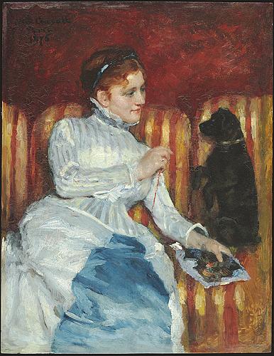 Mary Cassatt Woman on a Striped Sofa with a Dog